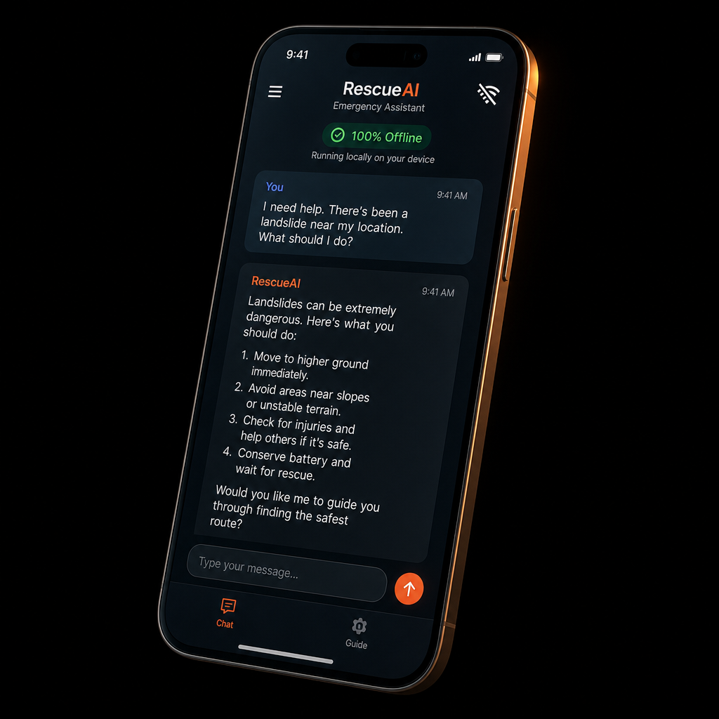 Mockup de SOSgpt en un smartphone mostrando la interfaz de chat con indicador 100% Offline